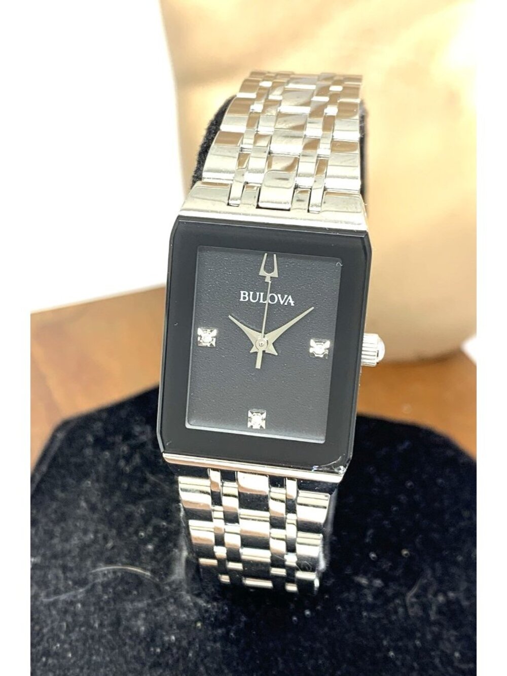 Bulova Women's Watch 96P202 Quartz Black Dial Diamond Quadra Silver Steel CHIP